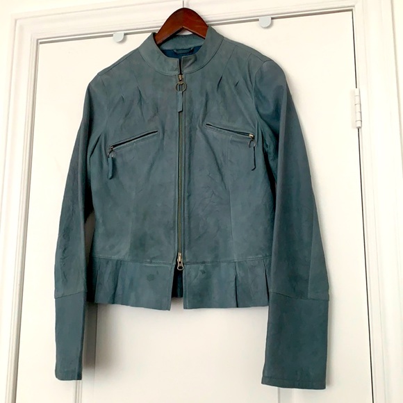 💙NWOT 100% LEATHER JACKET ROBIN’s EGG BUTTER SOFT PEPLUM ZIP MANDARIN COLLAR🐦 - Picture 3 of 15